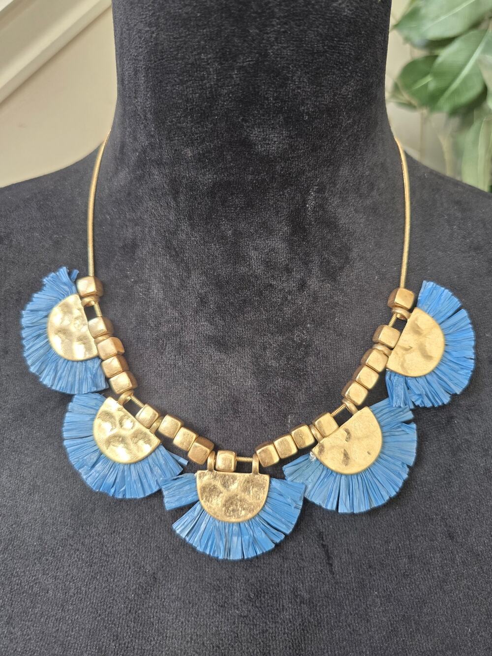 Blue Fringe Gold Disc Statement Necklace
